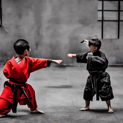 Prompt: a pigeon vs a kid kung fu style in a dojo for a piece of bread, facing each other, stand off, muscled pigeon like the rock, best photo award, high quality 8 k, cinematic lighting, cinematic composition, high detail, landscape photo