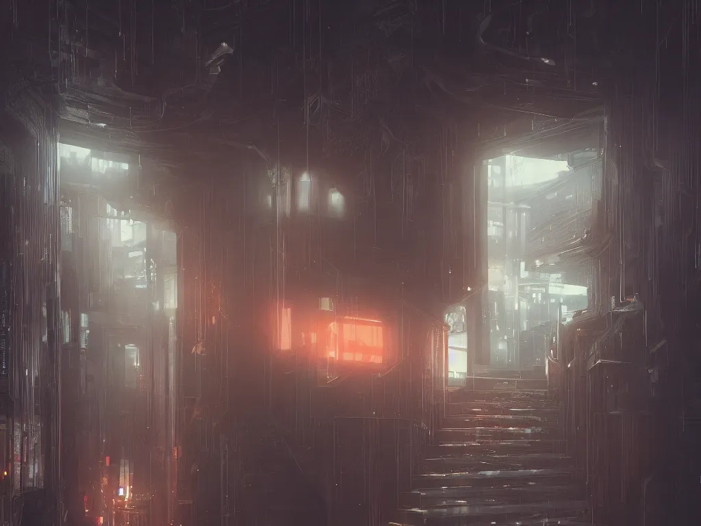 Image similar to a gloomy long staircase at the end in the depth is a door with illuminated sign, digital painting, concept art, smooth, sharp focus, hyperrealistic, illustration, artstation trending, octane render, unreal engine, ambient light, dynamic lighting, magical, dark vibes, Cyberpunk 2077