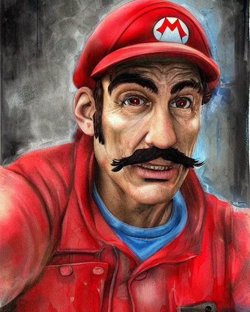 Image similar to portrait of super mario as a soviet factory worker, red cap, gritty, dirty, beautiful, very detailed, hyperrealistic, medium shot, very detailed painting by Glenn Fabry, by Joao Ruas