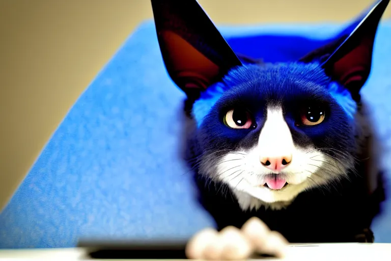 Image similar to a blue - and - black male catbat fursona with blue / green heterochromatic eyes ( one blue, one green ) and huge bat ears, photo of the catbat streaming on his computer