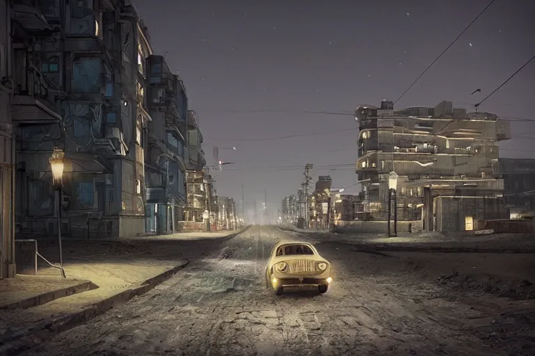 Prompt: an emty street of a futuristic city on the Moon called Noviy Norilsk, with a flying car at night with only by one street light, photo by Gregory Crewdson,