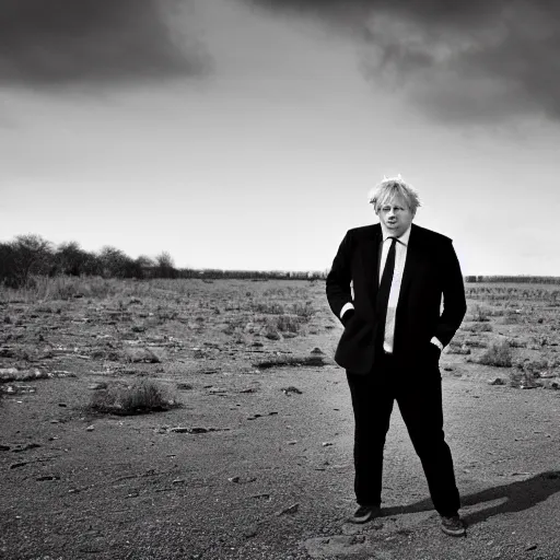 Prompt: Boris Johnson in a desolate wasteland surrounded by horryfying shadow monsters, black and white photo