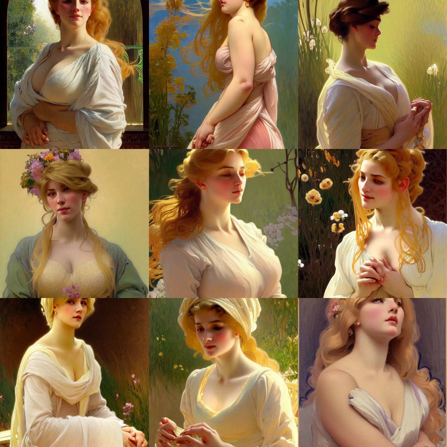 Prompt: painted portrait of a modest wife blessed by god to grow ever - more intelligent beautiful virtuous and curvy. blonde, holy body dressed modestly, light effect. feminine, powerful, in clothes! intricate, elegant, highly detailed, digital painting, artstation, concept art, smooth, sharp focus, illustration, art by gaston bussiere and alphonse mucha