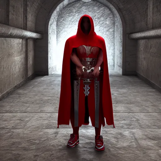 Image similar to warrior holding two swords, full body cape, red hoodie, worn out clothes, symmetry, unreal engine, volumetric light, photorealistic, full body shot, 8K, trending on artstation