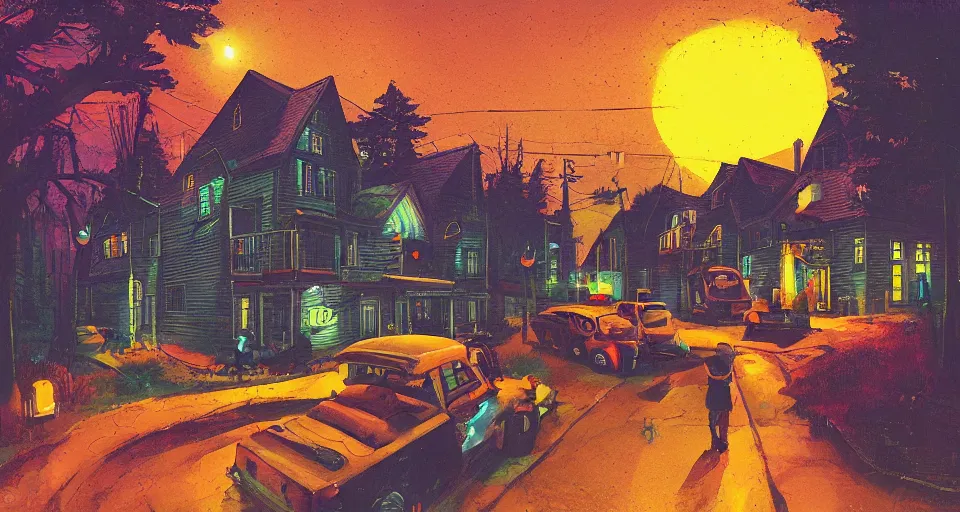 Image similar to a quaint suburban street at night with maschinen krieger, warm saturated colors, inspired by art of simon stalenhag