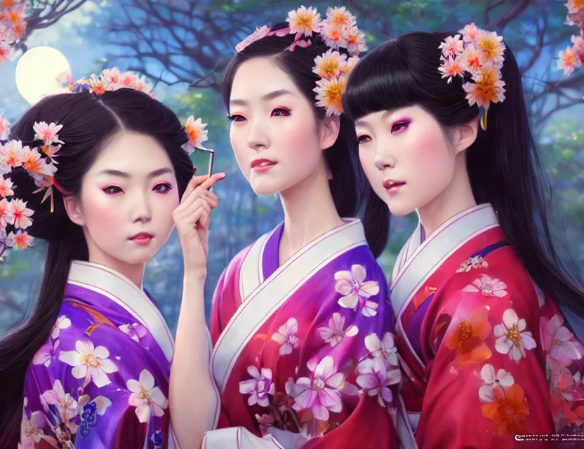 Image similar to two beautiful fashion taiwan girls wear fantasy yukata in festival | | big eyes, sunny, dreamlike art, realistic shaded, smile, good looking, fine details, 4 k realistic, cryengine, realistic shaded lighting poster by greg rutkowski, magali villeneuve, artgerm, jeremy lipkin and michael garmash and rob rey