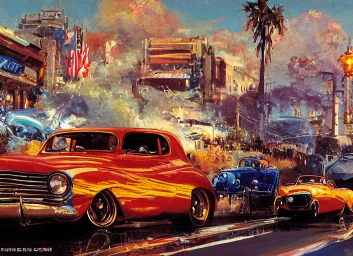 Image similar to hotrods driving down a street , vintage, high detail, golden hour, 8K, by John Berkey