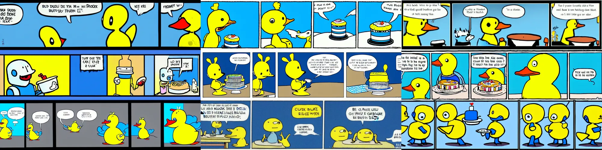 Prompt: short cartoon strip, blue cute robot bakes a cake for this friend the yellow duck, by bill watterson