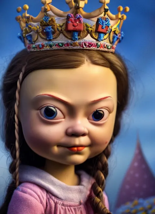 Image similar to highly detailed closeup, face profile portrait of greta thunberg as a tin toy fairytale princess wearing a crown eating cakes, bikini, unreal engine, nicoletta ceccoli, mark ryden, earl norem, lostfish, global illumination, detailed and intricate environment