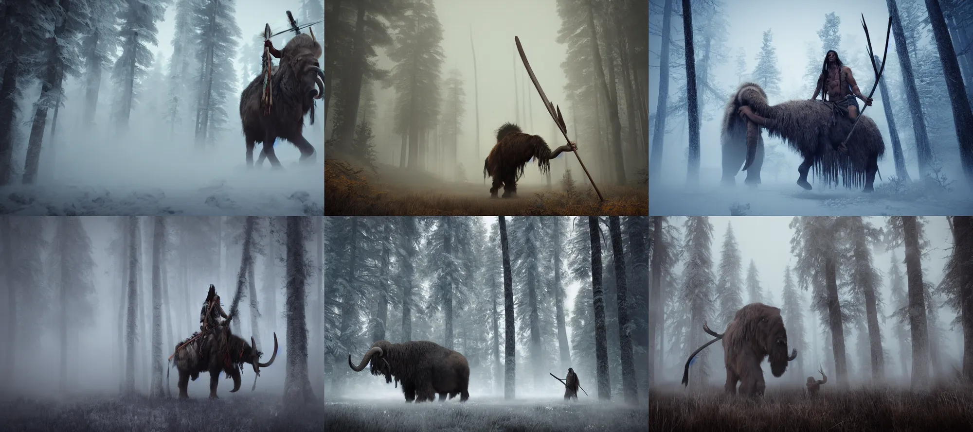 Prompt: native american warrior holding a spear, woolly mammoth emerging from fog, snowy forest, dramatic, cinematic, artstation, realistic photograph, ambient, dark shades of colors, unreal engine 5, rendered by octane