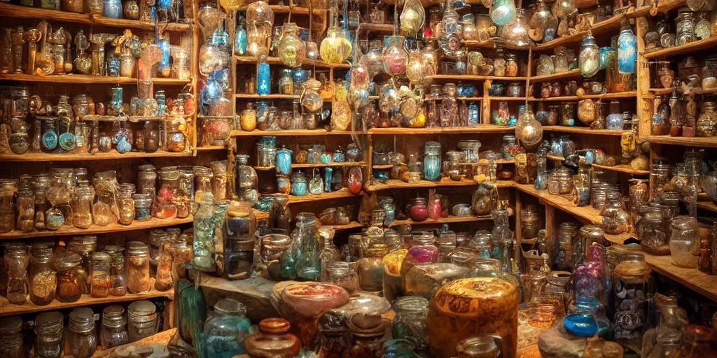 Prompt: Inside an old Magical Shop, large jars on shelves, beautiful labels, fantasy vendor interior, wide angle, highly detailed, rich bright colors, trending on artstation