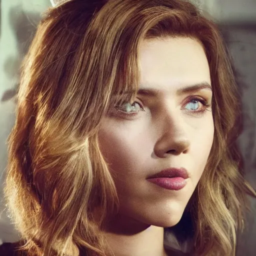 Image similar to a beautiful medium - shot of scarlett johansson looking into the distance, in the style of the ghost in the shell, beautiful face, beautiful body, beautiful light failling on her face, chin - length bob with bangs haircut, by annie leibowitz