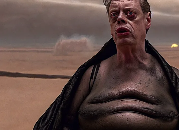 Image similar to steve buscemi as baron harkonnen in a black oil bath in a still from the film Dune (2021)