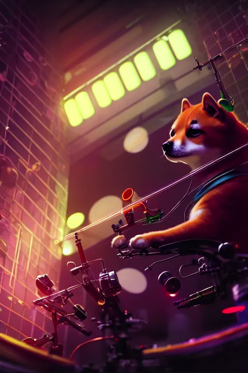 Image similar to high quality 3 d render very cute cyborg shiba inu plays drums, cyberpunk highly detailed, unreal engine cinematic smooth, in the style of blade runner & pixar, hannah yata charlie immer, moody light, low angle, uhd 8 k, sharp focus