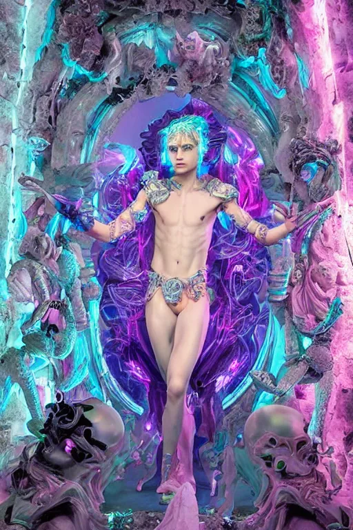 Prompt: full-body rococo and cyberpunk delicate neon crystalline sculpture of ((young muscular onyx albino prince Zayn Malik)) as an blue iridescent humanoid deity wearing ((peach plastic hooded cloak)) (holding a human skull) in a onyx castle dungeon, reclining, glowing pink face, crown of (pink lasers), large blue diamonds, swirling black silk fabric. futuristic elements. oozing glowing liquid, full-length view. space robots. intricate artwork by caravaggio. Trending on artstation, octane render, cinematic lighting from the right, hyper realism, octane render, 8k, depth of field, 3D