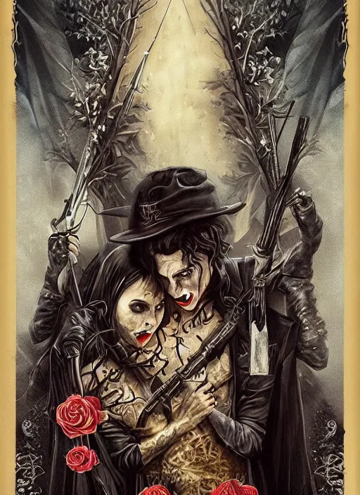 Prompt: tarot card :: horror :: vampires and draculas :: cult and clan :: hearts and roses :: gold and silver :: guns and swords :: highly details :: intricate details :: Sandra Chevrier and bastien lecouffe deharme