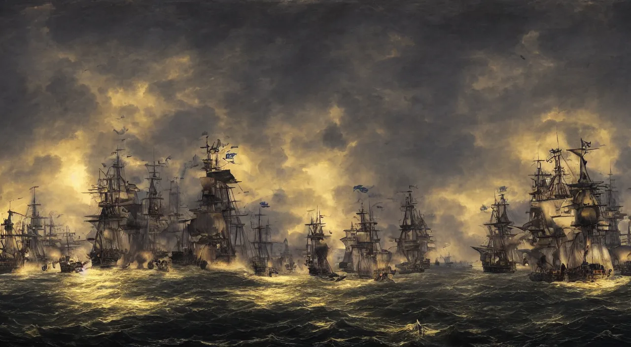 Prompt: epic naval battle fought between pirates and the royal navy at night, high definition, high detail, art, cinematic,