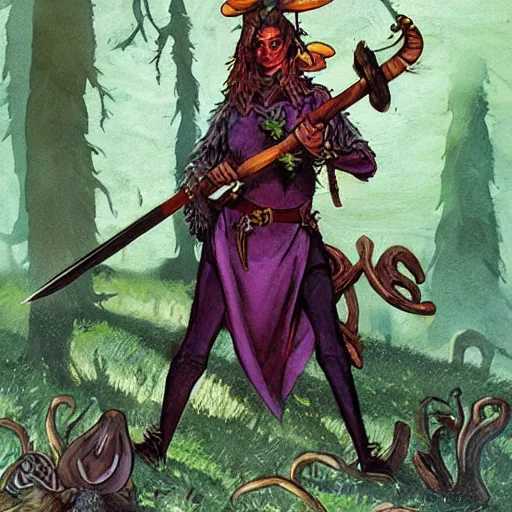 Image similar to moonshine cybin, epic level dnd wood elf spore druidess, wielding a magical sword, wearing magical overalls. covered in various fungi. full character concept art, realistic, high detail digital gouache painting by angus mcbride and michael whelan and jeffrey jones