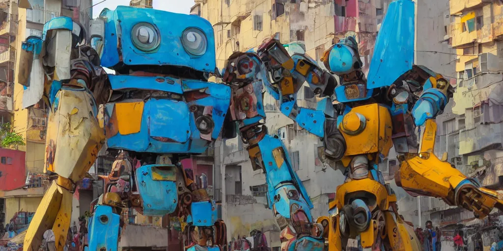 Image similar to colourful - damaged - giant mecha ROBOT of AJEGUNLE SLUMS in Lagos, markings on robot, Golden Hour, in the style of studio ghibli,