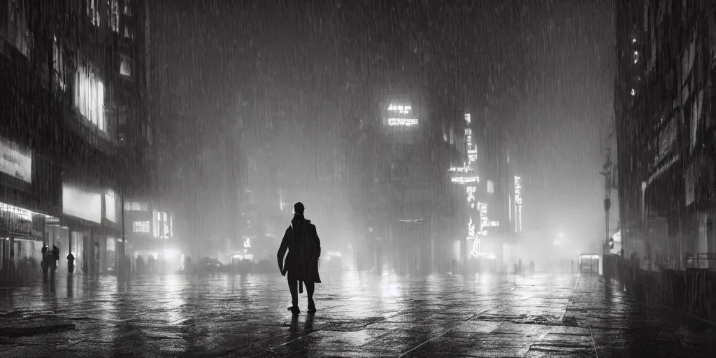 Image similar to a cinematic shot of a man in a trench coat walking down a foggy city street at night, wet streets, in the style of blade runner, colorful, neon