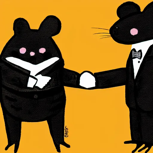 Prompt: an illustration of a mouse and a rabbit in suits shaking hands