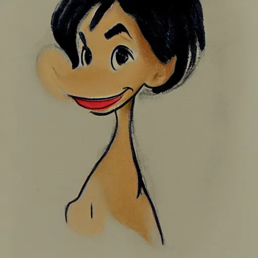 Image similar to milt kahl sketch of black hair cuban girl with dog nose