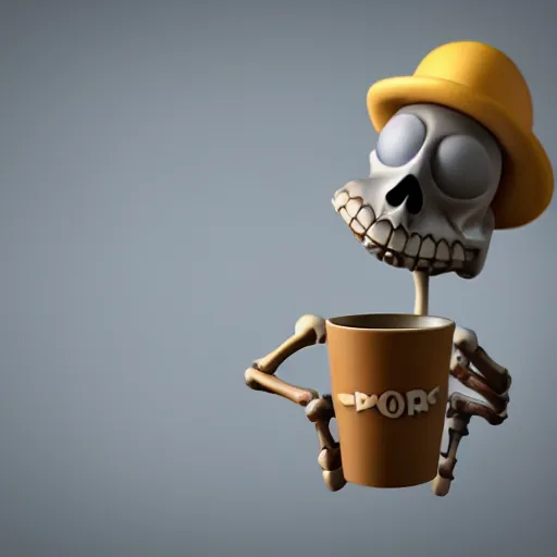 Image similar to 3d render pixar cartoon skeleton drinking a cup of coffee, hd octane render