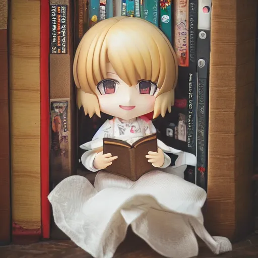 Prompt: full body portrait of a happy blonde nendoroid anime girl with long hair, in a cute dress, reading a book, nicoletta ceccoli, mark ryden, lostfish, max fleischer, depth of field, detailed store environment as background, 8 k resolution, hyperrealistic, octane render