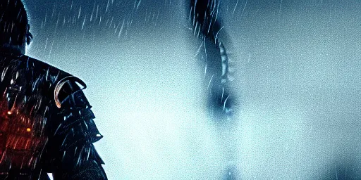 Image similar to The dark paladin with a heated sword in his hand and a burning flame with a sword in the rain. cinematic shot from back, realistic, 4K,