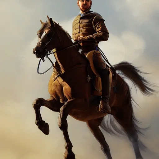 Image similar to portrait of a man riding a horse, elegant, highly detailed, oil painting, artstation, concept art, matte, sharp focus, illustration