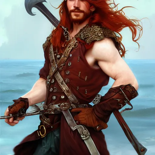 Image similar to portrait of a young pirate captain, male, masculine, handsome, upper body, red hair, long hair, D&D, fantasy, intricate, elegant, highly detailed, digital painting, artstation, concept art, sensual, matte, sharp focus, illustration, art by Artgerm and Greg Rutkowski and Alphonse Mucha