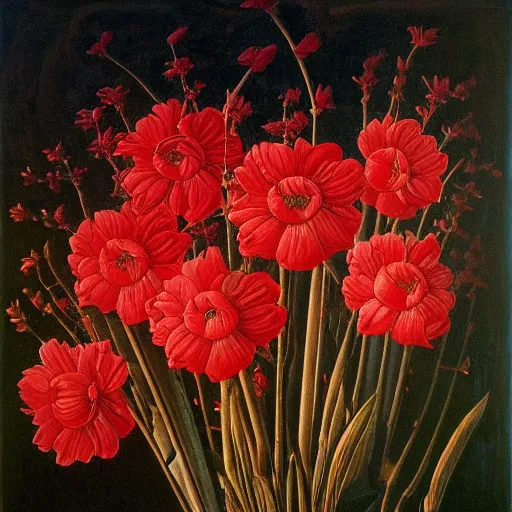 Image similar to oil painting of many various red flowers on a dark background, painted by Sandro Botticelli, the flowers are floating and are seen from the side, dark atmosphere, realistic flowers oil painting