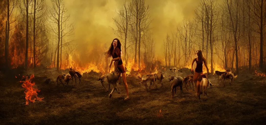 Prompt: full portrait of a young woman and farm animals running from a forest fire, smoke, flames, dark, gloomy, horror, screaming, a small farm is burning in the distance, insanely detailed, photorealistic, cinematic, dramatic lighting,