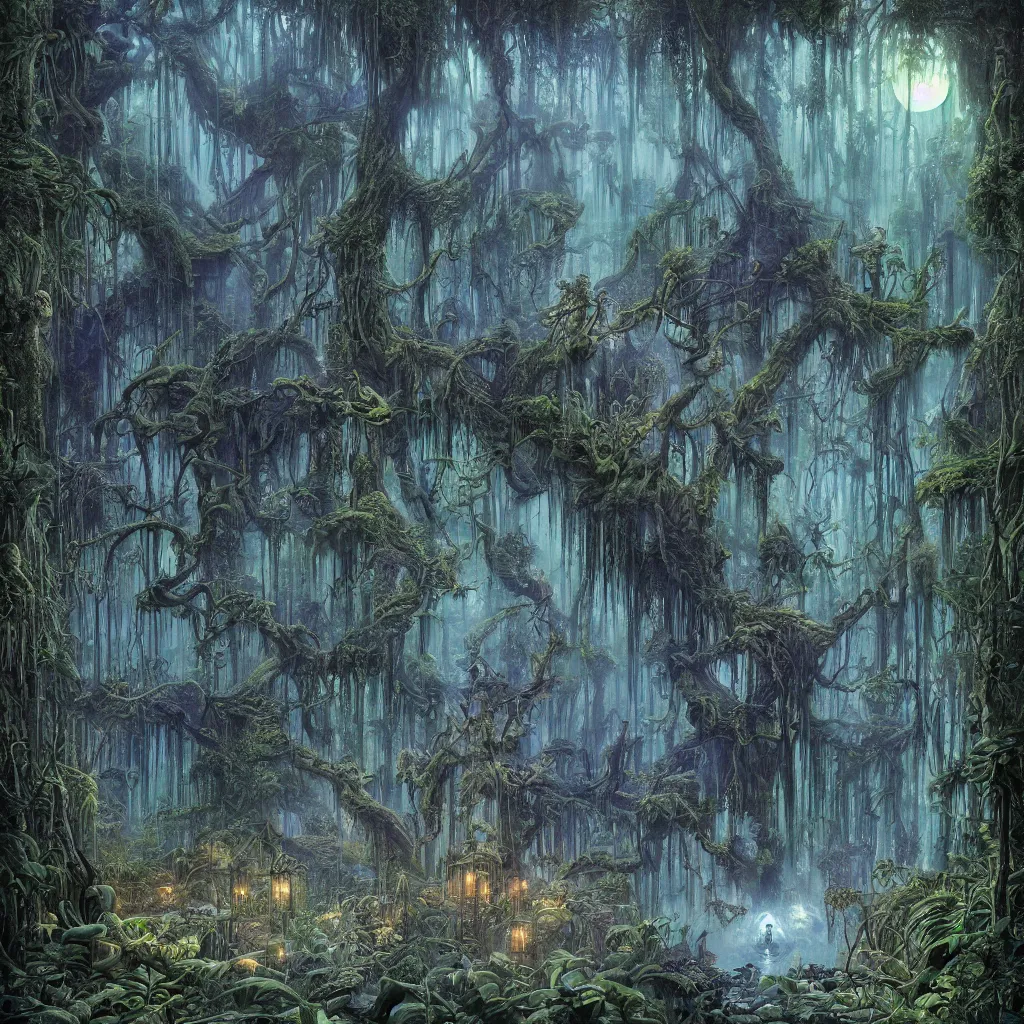 Prompt: a lush enchanted swampy forest at midnight, upward cinematic angle, heavy atmosphere, by Michael Kaluta, P. Craig Russell and Rodney Matthews, ghostly moonlight, stunning composition, intricate, elegant, digital art, hyperdetailed, mixed media painting, hyperrealistic, sharp focus, 8k