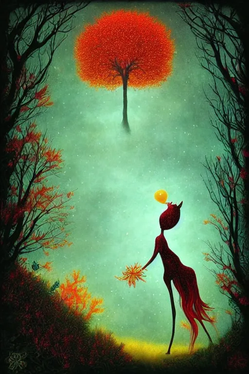 Image similar to surreal, fantasy, fairytale animals, flowerpunk, mysterious, vivid autumn colors, by andy kehoe