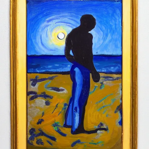 Prompt: a fauvist painting of an aerial view of a man at the bottom of a deep hole on the beach at night