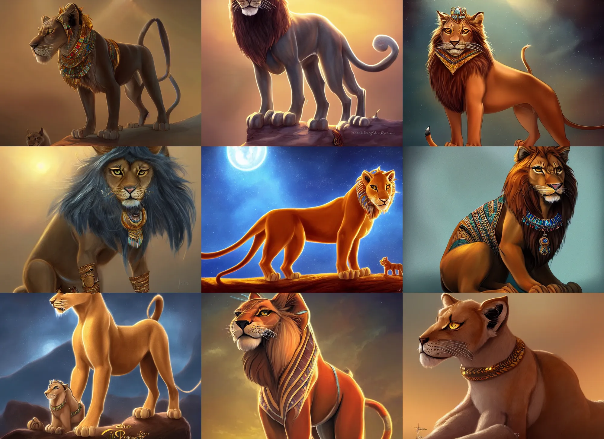 Prompt: fullbody beautiful detailed character design of a feral feline wearing egyptian necklace, egyptian jewelry. deviantart lioness adoptable, character concept artwork professional in the style of'the lion king'by jessica rossier, artstation, deviantart, fanpop