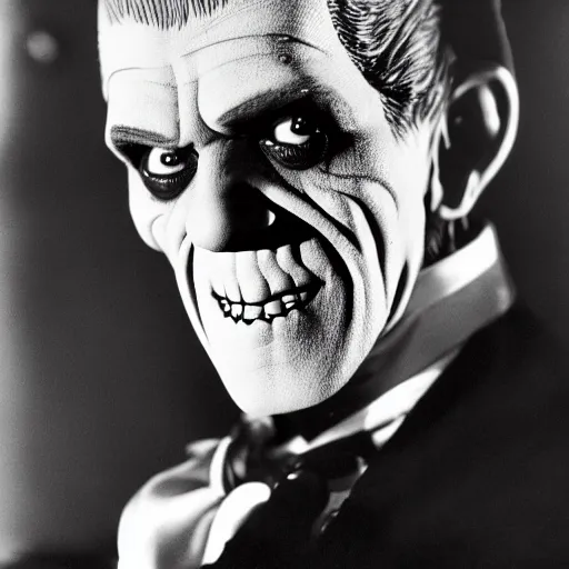 Image similar to old black and white film still photo of actor boris karloff actor as frankenstein monster character smiling in a halloween party, hyper real, hyper detailed