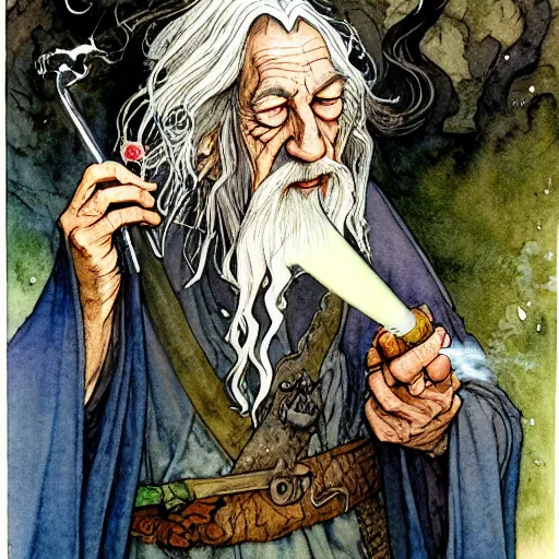 Prompt: a realistic and atmospheric watercolour fantasy character concept art portrait of gandalf with bloodshot eyes giggling and smoking weed out of his pipe by rebecca guay, michael kaluta, charles vess and jean moebius giraud