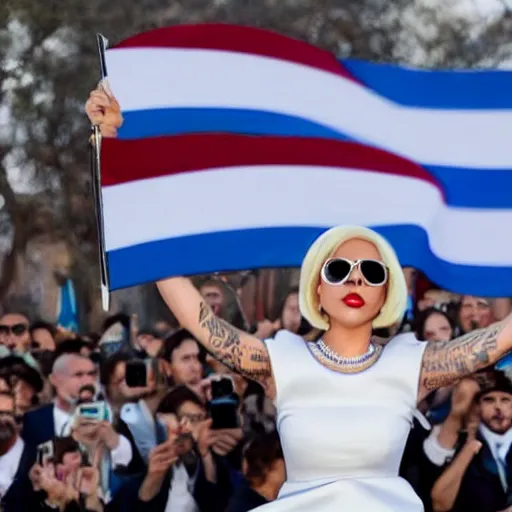 Image similar to Lady Gaga as president, Argentina presidential rally, Argentine flags behind, bokeh, giving a speech, detailed face, Argentina