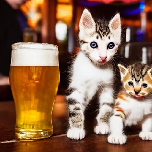 Prompt: kittens drinking beer at a british pub