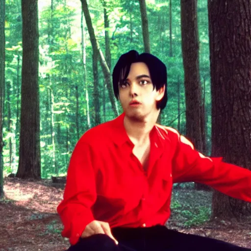 Prompt: a still of a 90s OVA of a man with black hair wearing a red shirt in a forest