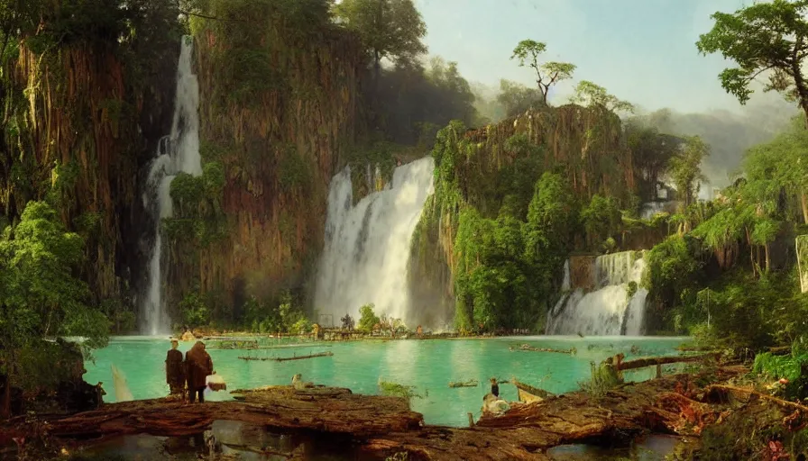 Prompt: a small village by a lake, waterfalls, cascades, very detailed, by john berkey, albert bierstadt, ruan jia, lawrence alma tadema, zdzislaw beksinski, carl spitzweg, everett raymond kinstler, norman rockwell, jack kirby, tom lovell, greg staples