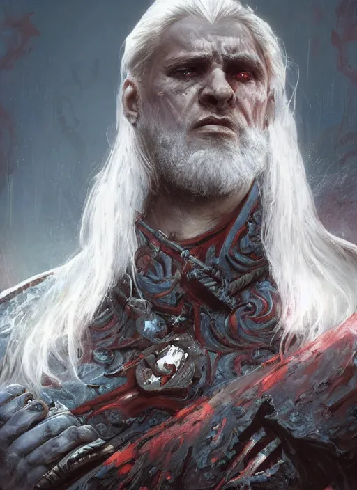 Prompt: An epic fantasy comic book style portrait painting of a supreme necromancer warlord with white hair , with many undead and skeleton warriors around him, painted by dreadjim and craig mullins, greg rutkowski, unreal 5, octane render, cosplay, RPG portrait, dynamic lighting
