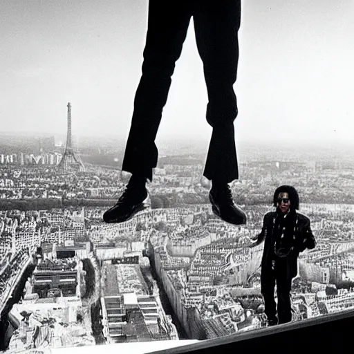 Prompt: old Michael Jackson recording music video in top of the Eiffel Tower, 4k 2022