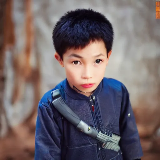 Prompt: cinematic still light skin vietnamese 6 year old boy in star wars, slight underbite, heart shaped face, round cheeks, crew cut hair