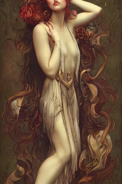 Image similar to Tove Lo by Tom Bagshaw in the style of Gaston Bussière, art nouveau