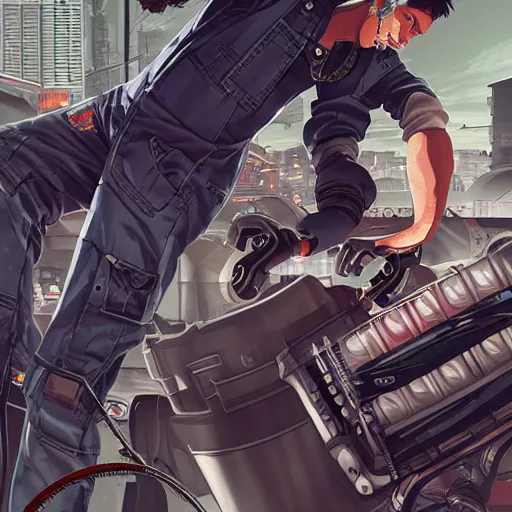 Prompt: Full body portrait of a mechanic in overalls repairing a mech, cyberpunk, illustration, detailed face, detailed background, Ilya Kuvshinov, Hayao Miyazaki, Takashi Takeuchi, Masamune Shirow