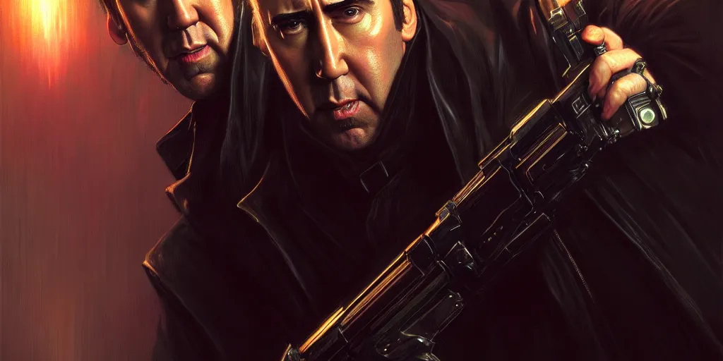 Image similar to nicholas cage as neo, the matrix, cinematic, highly detailed, digital painting, artstation, concept art, matte, sharp focus, illustration, art by artgerm and greg rutkowski and alphonse mucha