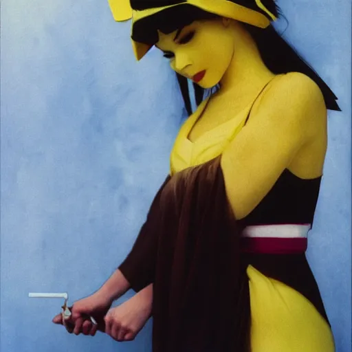 Image similar to elegant woman in a cosplay costume of pikachu, art photo by Annie Liebovitz and David Hamilton and Alphonse Mucha